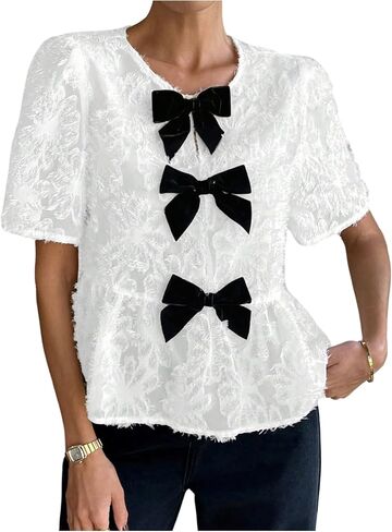 SweatyRocks Women's Bow Short Sleeve Peplum Blouse Cute Round Neck Summer Coquette Tops in Saudi Arabia