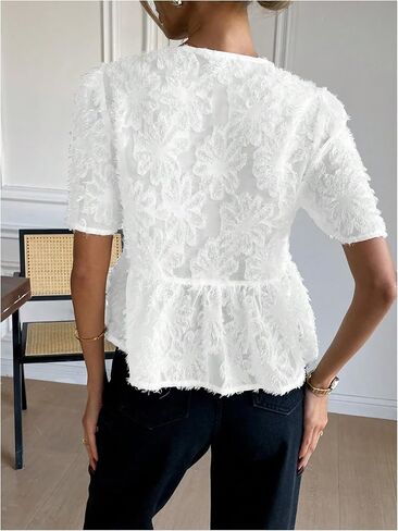 SweatyRocks Women's Bow Short Sleeve Peplum Blouse Cute Round Neck Summer Coquette Tops in Saudi Arabia