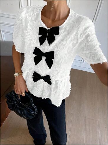 SweatyRocks Women's Bow Short Sleeve Peplum Blouse Cute Round Neck Summer Coquette Tops in Saudi Arabia