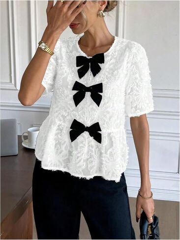 SweatyRocks Women's Bow Short Sleeve Peplum Blouse Cute Round Neck Summer Coquette Tops in Saudi Arabia