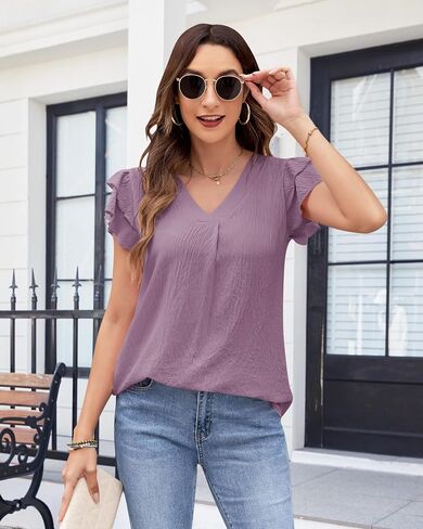 MOLERANI Women's Dressy Casual Shirts Ruffle Short Sleeve V Neck Work Blouses Business Summer Tops 2025 Outfits Clothes in Kuwait
