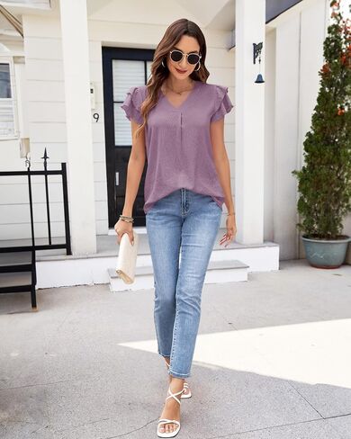 MOLERANI Women's Dressy Casual Shirts Ruffle Short Sleeve V Neck Work Blouses Business Summer Tops 2025 Outfits Clothes in Kuwait