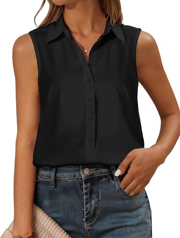 Sleeveless Button Down Shirts for Womens, Solid Casual Blouse V Neck Tank Tops for Business, Classic Collared Basic Tops in Saudi Arabia
