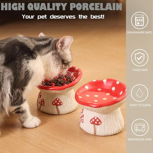 Ceramic Cat Bowl, Cute Red Mushroom Elevated Cat Food Dish, Shallow Raised Feeder, Anti Vomiting, Stress Free, Whisker Fatigue in Kuwait
