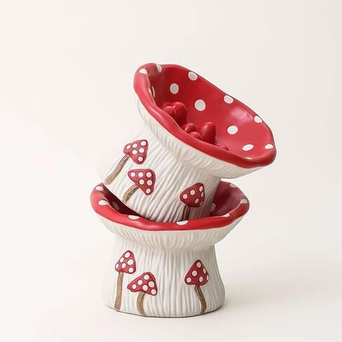 Ceramic Cat Bowl, Cute Red Mushroom Elevated Cat Food Dish, Shallow Raised Feeder, Anti Vomiting, Stress Free, Whisker Fatigue in Kuwait
