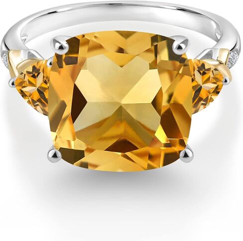 Gem Stone King 7.33 Cttw Yellow Citrine and Diamond Ring For Women | 925 Silver and 10K Yellow Gold | 12MM Cushion and 5MM Trillion | Gemstone Birthstone | Available In Size 5, 6, 7, 8, 9 in Saudi Arabia