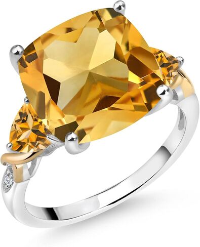 Gem Stone King 7.33 Cttw Yellow Citrine and Diamond Ring For Women | 925 Silver and 10K Yellow Gold | 12MM Cushion and 5MM Trillion | Gemstone Birthstone | Available In Size 5, 6, 7, 8, 9 in Saudi Arabia