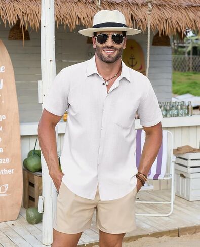Linen Shirts for Men Button Down Short Sleeve Shirt Button up Men's Casual Shirt Mens Big and Tall Vacation Hawaiian in Saudi Arabia