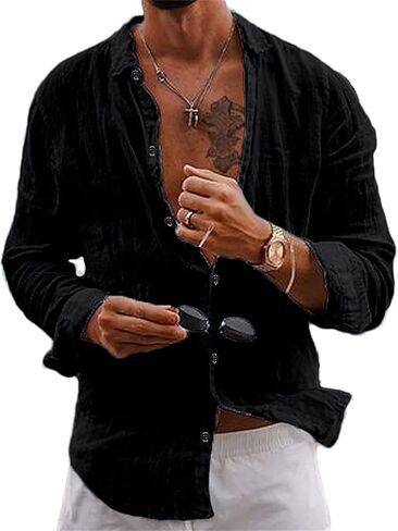 crazynekos Men's Casual Fashion Linen Long Sleeve Button Down Shirt Hawaii Beach Shirt in Kuwait
