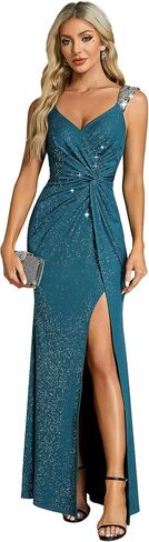 Ever-Pretty Women's V Neck Stretchy Glitter Bodycon Ball Gowns Sleeveless High Split Formal Evening Dresses 01888 in Kuwait