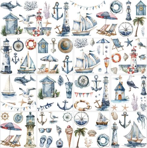 AHANDMAKER 12 Sheets Nautical Rub On Transfer Stickers, Ocean Themed Window Decoration Featuring Lighthouses, Ships, and Marine Life for Sea Lovers, Home & Party Decoration Needs, 5.5 x 5.5 Inches in Saudi Arabia