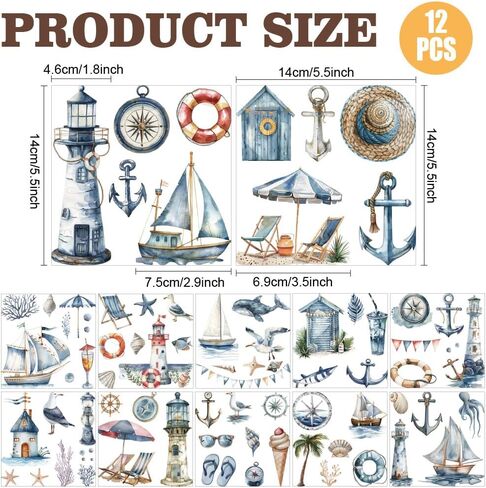 AHANDMAKER 12 Sheets Nautical Rub On Transfer Stickers, Ocean Themed Window Decoration Featuring Lighthouses, Ships, and Marine Life for Sea Lovers, Home & Party Decoration Needs, 5.5 x 5.5 Inches in Saudi Arabia