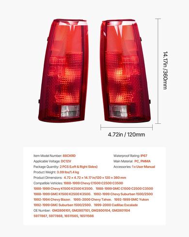 مجموعة مصباح ذيل VEVOR متوافقة مع 1988-1999 CHEVY/GMC C/K 1500 2500 3500 ، 1992-1999 CHEVY/GMC Suburban 1500/2500 ، 2pcs مصابيح الفرامل الخلفية الأيسر واليمين مع لمبات الهالوجين in Saudi Arabia