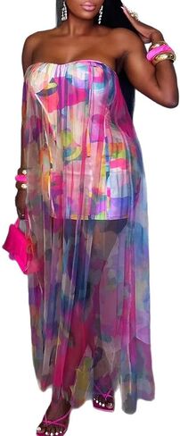 Ecirod Women Sexy Strapless Floral Long Tube Dress Sheer Mesh Flowy Beach Dresses Party Clubwear in Kuwait