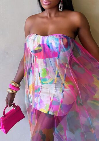 Ecirod Women Sexy Strapless Floral Long Tube Dress Sheer Mesh Flowy Beach Dresses Party Clubwear in Kuwait