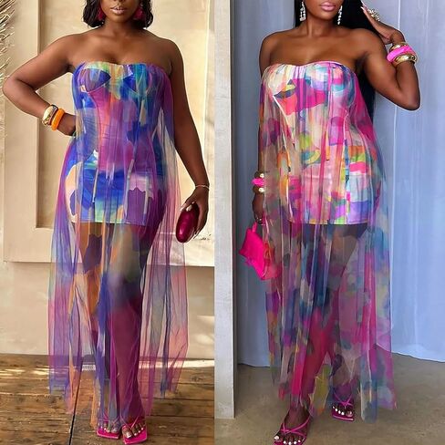 Ecirod Women Sexy Strapless Floral Long Tube Dress Sheer Mesh Flowy Beach Dresses Party Clubwear in Kuwait