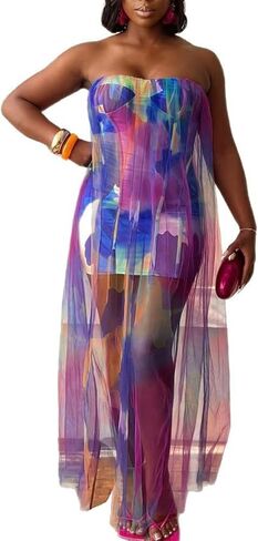 Ecirod Women Sexy Strapless Floral Long Tube Dress Sheer Mesh Flowy Beach Dresses Party Clubwear in Kuwait