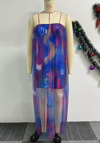 Ecirod Women Sexy Strapless Floral Long Tube Dress Sheer Mesh Flowy Beach Dresses Party Clubwear in Kuwait