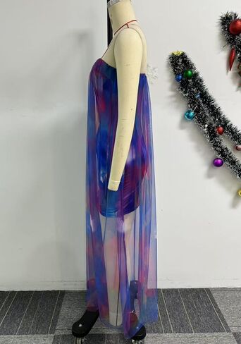 Ecirod Women Sexy Strapless Floral Long Tube Dress Sheer Mesh Flowy Beach Dresses Party Clubwear in Kuwait