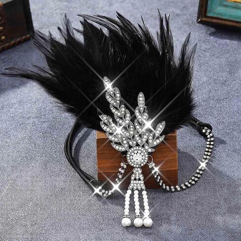 GORTIN 1920's Flapper Feather Headband Art Deco خوذة مستوحاة من أوراق الشجر ميدالية اللؤلؤ in Kuwait