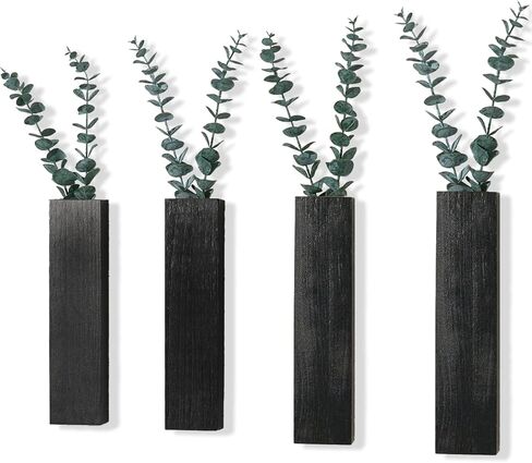 4 Packs Wood Wall Planters with Artificial Plant Eucalyptus, Plant Wall Decor for Living Room, Bedroom, Dining Room, Bathroom, Office, Wall Hanging Decor Wall Vase with Faux Plants, Black in Kuwait