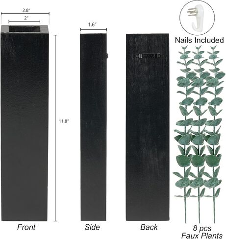 4 Packs Wood Wall Planters with Artificial Plant Eucalyptus, Plant Wall Decor for Living Room, Bedroom, Dining Room, Bathroom, Office, Wall Hanging Decor Wall Vase with Faux Plants, Black in Kuwait