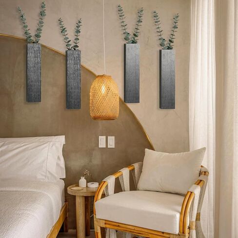 4 Packs Wood Wall Planters with Artificial Plant Eucalyptus, Plant Wall Decor for Living Room, Bedroom, Dining Room, Bathroom, Office, Wall Hanging Decor Wall Vase with Faux Plants, Black in Kuwait