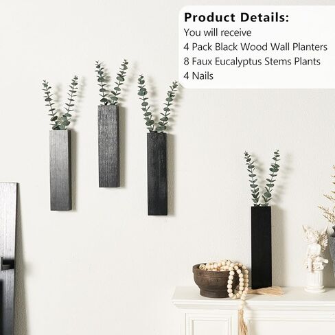 4 Packs Wood Wall Planters with Artificial Plant Eucalyptus, Plant Wall Decor for Living Room, Bedroom, Dining Room, Bathroom, Office, Wall Hanging Decor Wall Vase with Faux Plants, Black in Kuwait