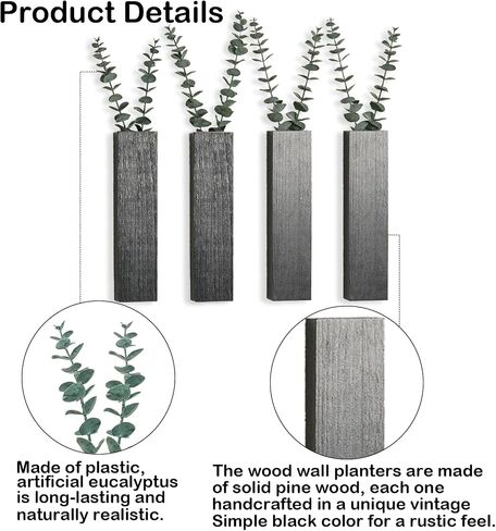 4 Packs Wood Wall Planters with Artificial Plant Eucalyptus, Plant Wall Decor for Living Room, Bedroom, Dining Room, Bathroom, Office, Wall Hanging Decor Wall Vase with Faux Plants, Black in Kuwait