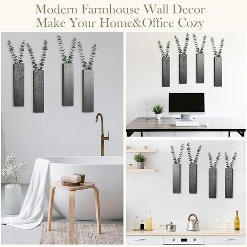 4 Packs Wood Wall Planters with Artificial Plant Eucalyptus, Plant Wall Decor for Living Room, Bedroom, Dining Room, Bathroom, Office, Wall Hanging Decor Wall Vase with Faux Plants, Black in Kuwait