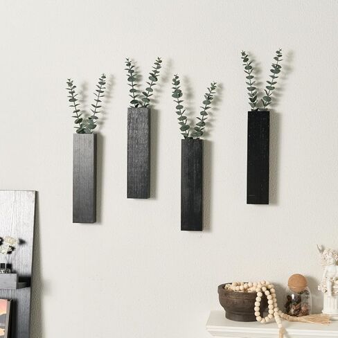 4 Packs Wood Wall Planters with Artificial Plant Eucalyptus, Plant Wall Decor for Living Room, Bedroom, Dining Room, Bathroom, Office, Wall Hanging Decor Wall Vase with Faux Plants, Black in Kuwait