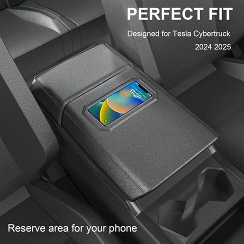 Center Console Armrest Cover Compatible with Tesla Cybertruck 2024 2025, Upgrade Non-Slip Wear-Resistant Arm Rest Protector with Phone Resting Port (Front and Rear Part, Black) in Kuwait