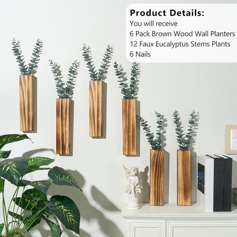 4 Packs Wood Wall Planters with Artificial Plant Eucalyptus, Plant Wall Decor for Living Room, Bedroom, Dining Room, Bathroom, Office, Wall Hanging Decor Wall Vase with Faux Plants, Black in Kuwait