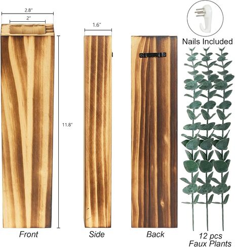 4 Packs Wood Wall Planters with Artificial Plant Eucalyptus, Plant Wall Decor for Living Room, Bedroom, Dining Room, Bathroom, Office, Wall Hanging Decor Wall Vase with Faux Plants, Black in Kuwait