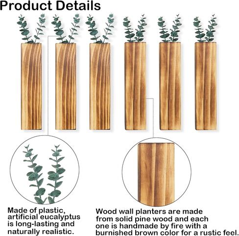 4 Packs Wood Wall Planters with Artificial Plant Eucalyptus, Plant Wall Decor for Living Room, Bedroom, Dining Room, Bathroom, Office, Wall Hanging Decor Wall Vase with Faux Plants, Black in Kuwait