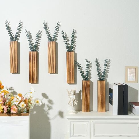 4 Packs Wood Wall Planters with Artificial Plant Eucalyptus, Plant Wall Decor for Living Room, Bedroom, Dining Room, Bathroom, Office, Wall Hanging Decor Wall Vase with Faux Plants, Black in Kuwait