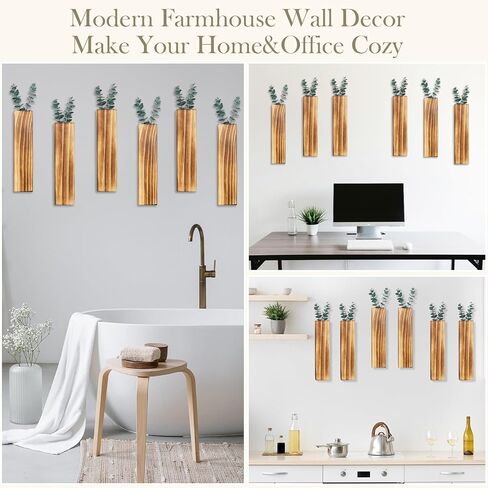 4 Packs Wood Wall Planters with Artificial Plant Eucalyptus, Plant Wall Decor for Living Room, Bedroom, Dining Room, Bathroom, Office, Wall Hanging Decor Wall Vase with Faux Plants, Black in Kuwait