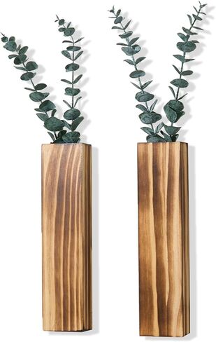 4 Packs Wood Wall Planters with Artificial Plant Eucalyptus, Plant Wall Decor for Living Room, Bedroom, Dining Room, Bathroom, Office, Wall Hanging Decor Wall Vase with Faux Plants, Black in Kuwait