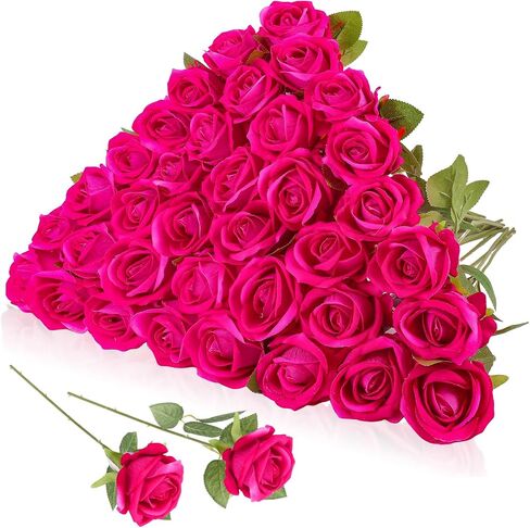 36 Pcs Velvet Silk Hot Pink Rose Bouquet Bridal Artificial Flowers,Fake Rose Long Stem Realistic Artificial Flowers Bulk for Wedding Bouquet Ball Arrangement Centerpiece Party Decor(Hot Pink) in Saudi Arabia
