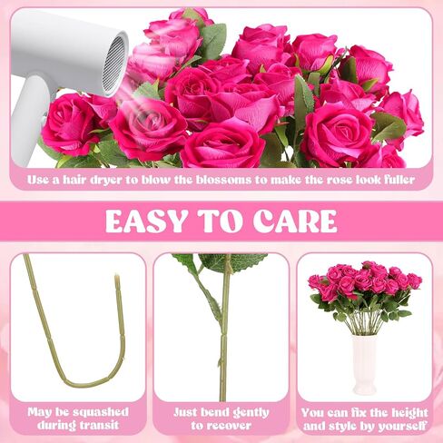 36 Pcs Velvet Silk Hot Pink Rose Bouquet Bridal Artificial Flowers,Fake Rose Long Stem Realistic Artificial Flowers Bulk for Wedding Bouquet Ball Arrangement Centerpiece Party Decor(Hot Pink) in Saudi Arabia