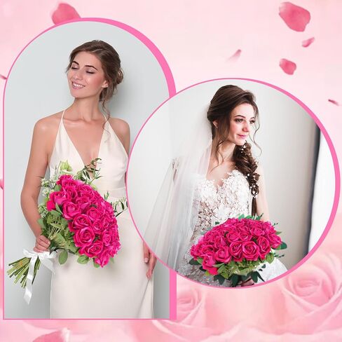 36 Pcs Velvet Silk Hot Pink Rose Bouquet Bridal Artificial Flowers,Fake Rose Long Stem Realistic Artificial Flowers Bulk for Wedding Bouquet Ball Arrangement Centerpiece Party Decor(Hot Pink) in Saudi Arabia