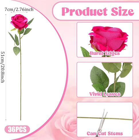 36 Pcs Velvet Silk Hot Pink Rose Bouquet Bridal Artificial Flowers,Fake Rose Long Stem Realistic Artificial Flowers Bulk for Wedding Bouquet Ball Arrangement Centerpiece Party Decor(Hot Pink) in Saudi Arabia