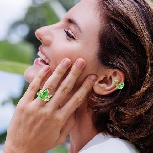 HJZHI 4PCS Tree Frog Rings Set, Adjustable Tree Frog Jewelry Funny Green Frogs Ring Open Frogs Shaped Finger Ring Ear Clip Funny Animal Rings for Women Vintage Punk Style Gift in Kuwait