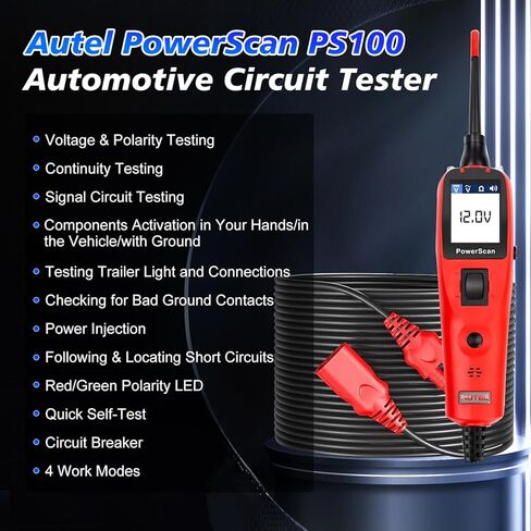 Autel PowerScan PS100 Power Probe Tester ، Breaker Finder ، 12V 24V Automotive Chignostic Tool مع كابل امتداد 20 قدمًا ، مقياسًا ، ضوء الاختبار ، مجسم الاستمرارية ، لسيارات 99 ٪ in Saudi Arabia