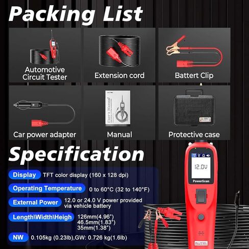 Autel PowerScan PS100 Power Probe Tester ، Breaker Finder ، 12V 24V Automotive Chignostic Tool مع كابل امتداد 20 قدمًا ، مقياسًا ، ضوء الاختبار ، مجسم الاستمرارية ، لسيارات 99 ٪ in Saudi Arabia