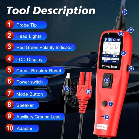 Autel PowerScan PS100 Power Probe Tester ، Breaker Finder ، 12V 24V Automotive Chignostic Tool مع كابل امتداد 20 قدمًا ، مقياسًا ، ضوء الاختبار ، مجسم الاستمرارية ، لسيارات 99 ٪ in Saudi Arabia