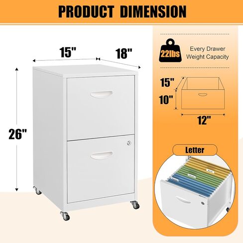 2 Drawer File Cabinet, Metal Two Drawer Vertical File Cabinets with Lock, 18" D Black Storage Filing Cabinet for Home Office, Steel Light Duty Storage for Letter-Size Files, Assembly Required in Kuwait