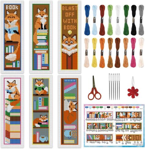 INFUNLY 6PCS Book Theme Cross Stitch Bookmark Kits 8''x2.4'' Study Bookmark Making Kit Good Book DIY Stamped Embroidery Bookmarks for Beginners with Instruction for Book Lovers Reader Writers Gift in Kuwait