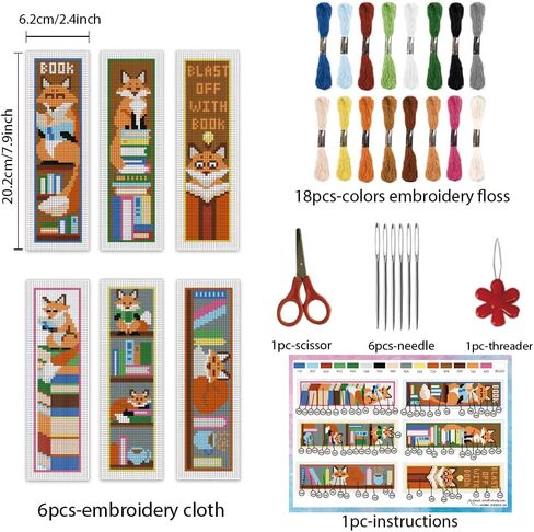 INFUNLY 6PCS Book Theme Cross Stitch Bookmark Kits 8''x2.4'' Study Bookmark Making Kit Good Book DIY Stamped Embroidery Bookmarks for Beginners with Instruction for Book Lovers Reader Writers Gift in Kuwait