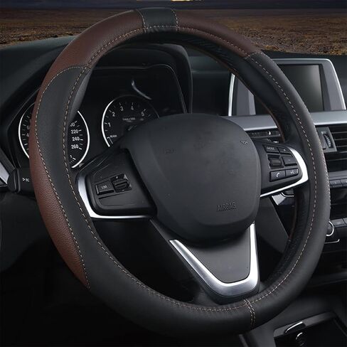 Car Leather Steering Wheel Cover for Nissan Rogue S/SV/SL/Platinum 2021 2022 2023 2024, Stretch Breathable Soft Grip Protector Anti Slip Corrugated Inner Interior,Black Brown in Saudi Arabia